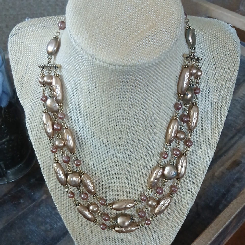 Napier Gold and Brown Faux Pearl Multi-Strand Necklace
